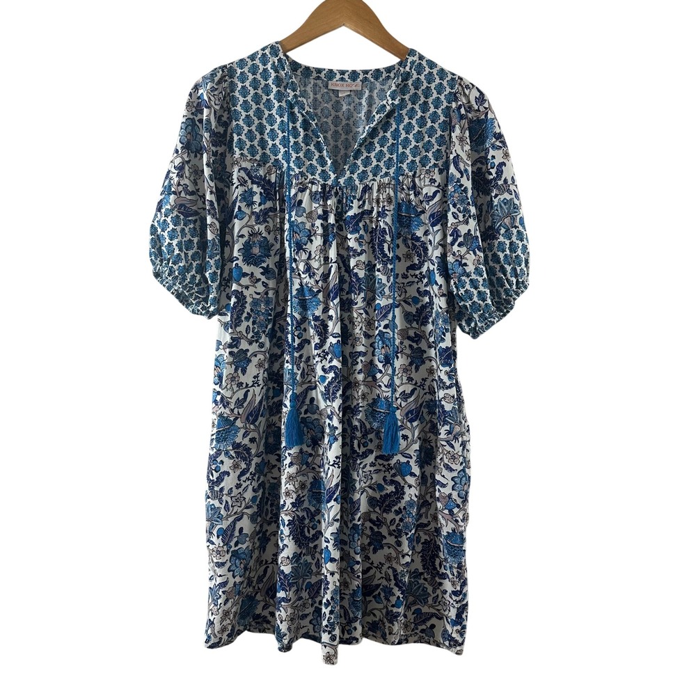 Knox Rose Blue Floral Block Print Boho Mini Dress with Tassels and Pockets S